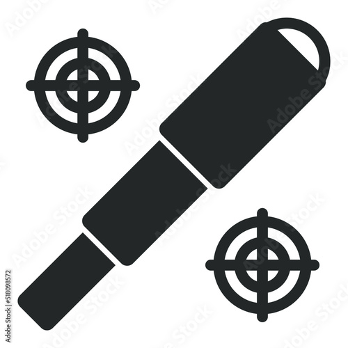 Telescopic optical spyglass and two marks - web icon, illustration on white background, glyph style