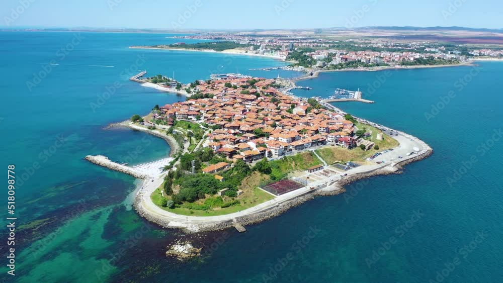 Nesebar (Nessebar), Bulgaria. Aerial view of the ancient seaside town. Black Sea Coast, Burgas Province.