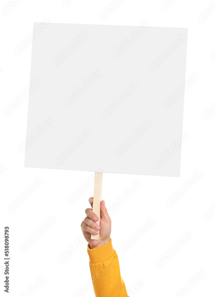 Man holding blank protest sign on white background, closeup Man holding blank protest sign on white background, closeup