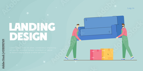 Cartoon workers carrying sofa into new home. Male character moving house, people delivering furniture flat vector illustration. Moving service, transportation concept for banner or landing web page
