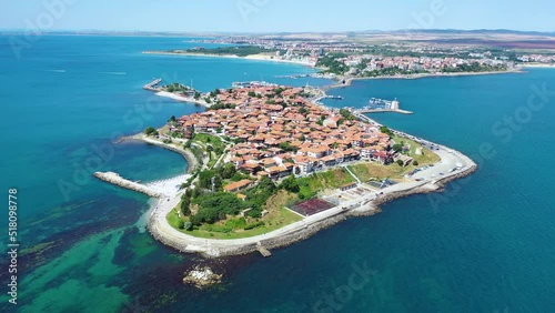 Nesebar (Nessebar), Bulgaria. Aerial view of the ancient seaside town. Black Sea Coast, Burgas Province. photo
