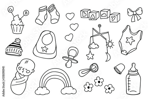 Newborn baby items. Set of baby care accessories, toys, baby clothes. Doodle vector isolated on white background.