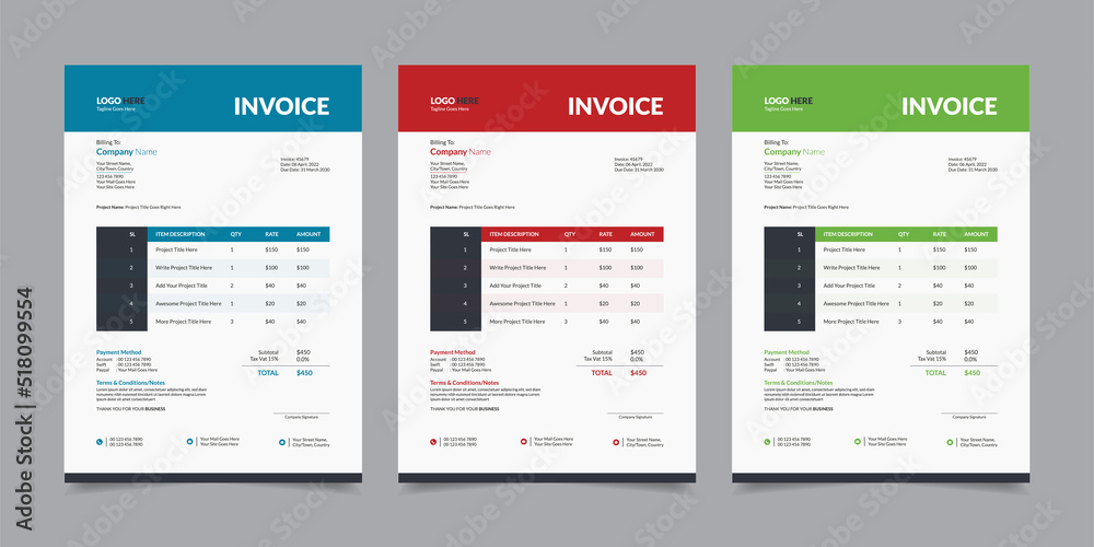 Modern Corporate Business Style Invoice Design Template Vector Illustration Print Ready  Layout, Bill Form Business Invoice Accounting, Professional Payment Agreement Template Stationery Design
