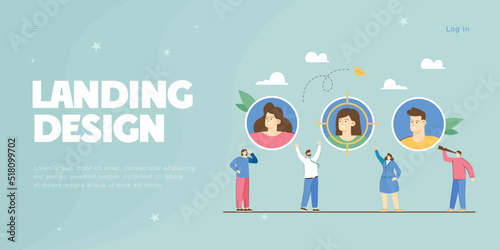 Find employee with talents by tiny hiring managers or employers. Focus on chosen best candidate by group of persons with telescope flat vector illustration. Recruitment, HR agency, career concept