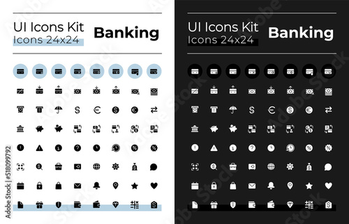 Banking glyph ui icons set for dark, light mode. Money transactions. Silhouette symbols for night, day themes. Solid pictograms. Vector isolated illustrations. Montserrat Bold, Light fonts used