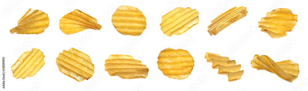Set of ridged crispy potato chips on white background. Banner design Set of ridged crispy potato chips on white background. Banner design