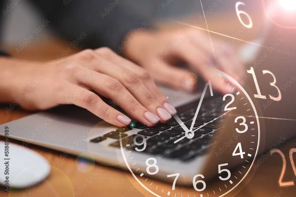 Multiple exposure of woman working on laptop, calendar and clock - obrazy, fototapety, plakaty 
