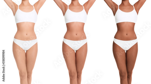 Young woman with beautiful body on white background, closeup. Collage showing stages of suntanning