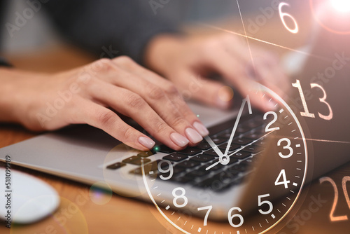 Multiple exposure of woman working on laptop, calendar and clock photo