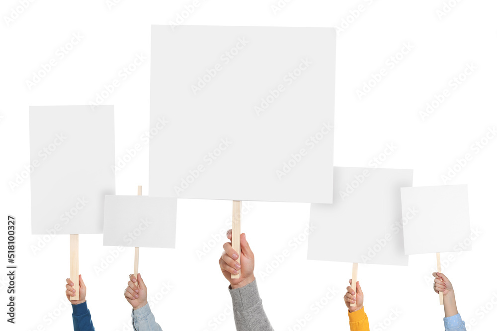 Group of people holding blank protest signs on white background, closeup