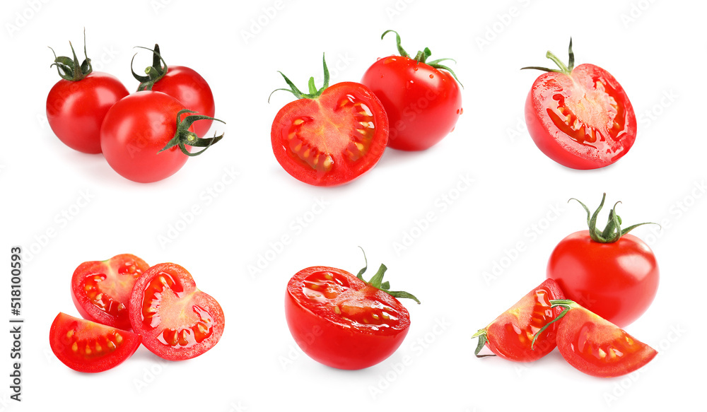 Set with tasty ripe cherry tomatoes on white background Set with tasty ripe cherry tomatoes on white background