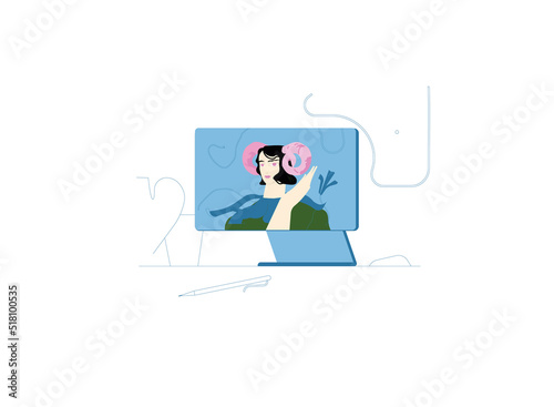 Online conference with a fairy tale character. Stylish illustration for designs.