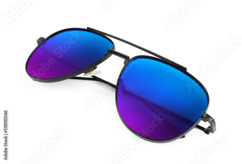 Stylish sunglasses with color lenses on white background