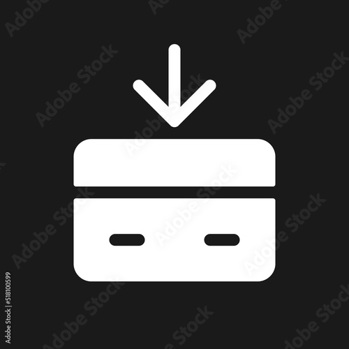 Receive money dark mode glyph ui icon. Incoming payment. Credit card. User interface design. White silhouette symbol on black space. Solid pictogram for web, mobile. Vector isolated illustration