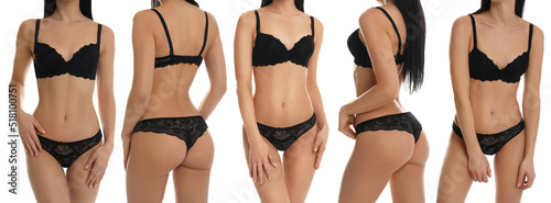 Collage with photos of woman wearing black underwear on white background. Banner design