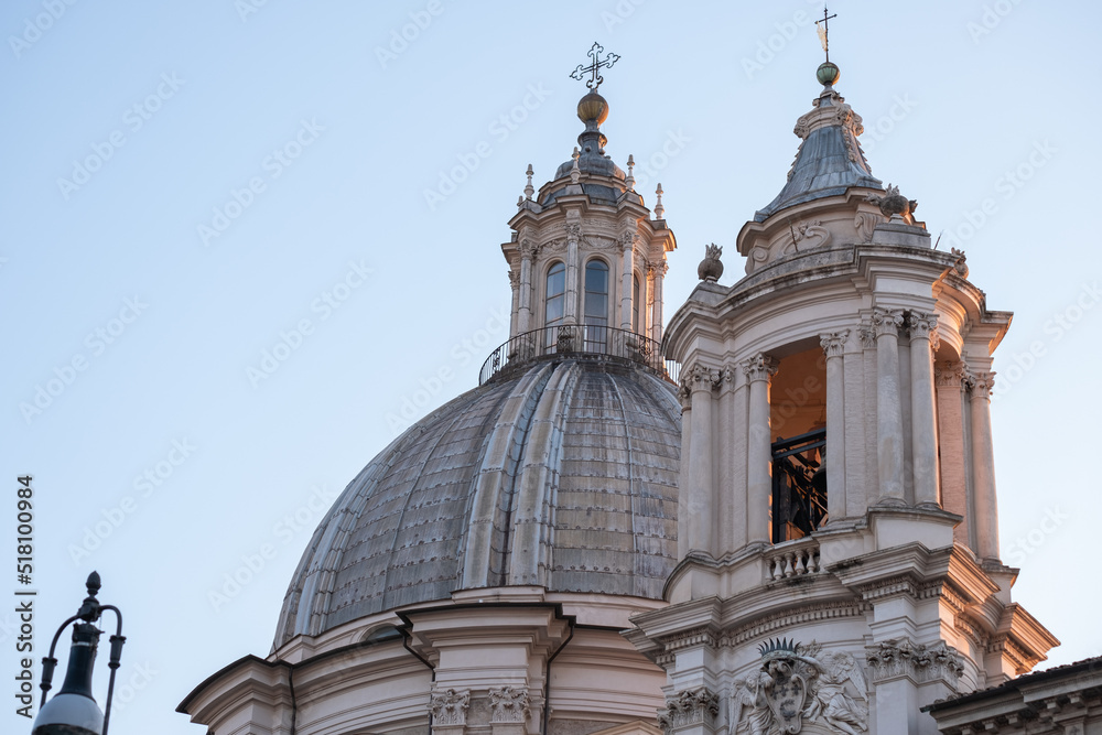 Impressive view of church towers in Rome with blue sky in background. Chiesa di Sant 'Agnese.