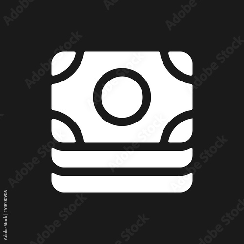 Cash dark mode glyph ui icon. Paper money bundle. Pile of banknotes. User interface design. White silhouette symbol on black space. Solid pictogram for web, mobile. Vector isolated illustration