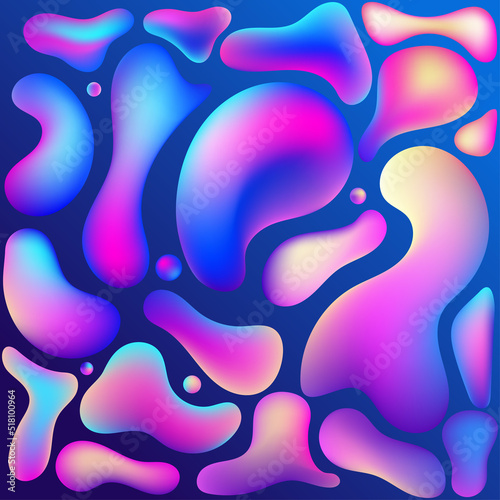 Liquid flow purple, blue 3D neon lava lamp vector geometric set for banner, card or UI design. Gradient mesh bubble in the shape of a wave drop. Fluid colorful abstract shapes.
