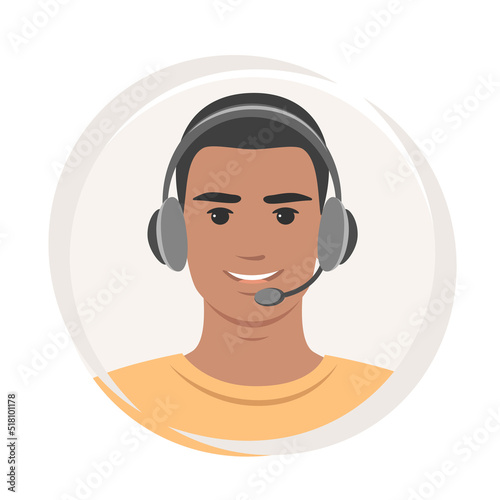 Man with dark skin with headphones and microphone. Customer service, support, call center. Vector illustration