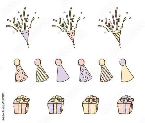ラインのみ　パーテイーと誕生日のモチーフのセットイラストレーション
