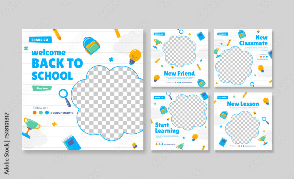 Back to school social media post. Colorful social media template. Trendy editable social media template Back to school social media post. Colorful social media template. Trendy editable social media template