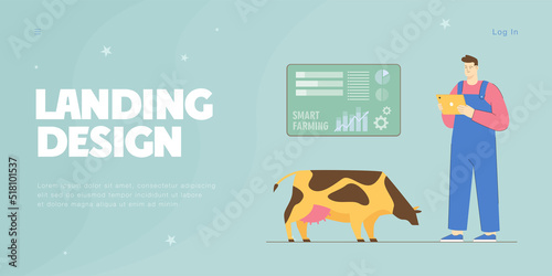 Farmer with tablet analyzing data about cows. Engineer on farm, implementation of automation flat vector illustration. Smart farming, technology, agriculture concept for banner or landing web page