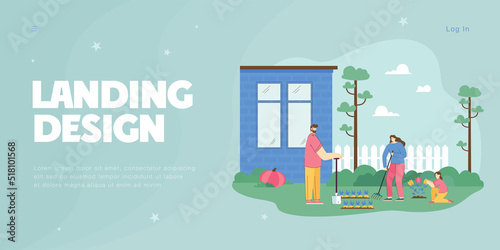 Family caring for plants in garden flat vector illustration. Parents and daughter planting flowers and weeding beds together, spending time on farm in nature. Village, agriculture, summer concept