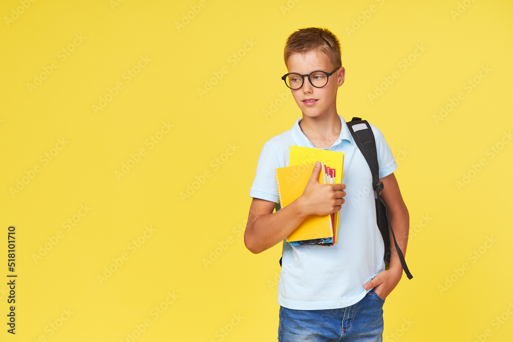 Portrait of a schoolboy in glasses with textbooks and a backpack on a yellow background. Back to school Portrait of a schoolboy in glasses with textbooks and a backpack on a yellow background. Back to school