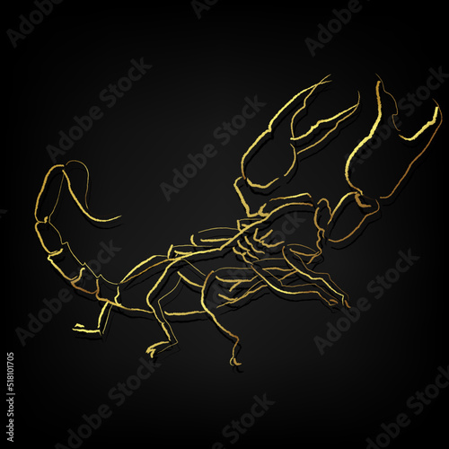 scorpion ,golden line art painting on black background
