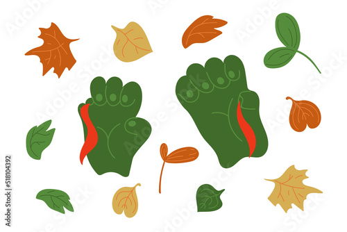 Zombie palms, falling leaves. A small Halloween set of two zombie hands and leaf fall.