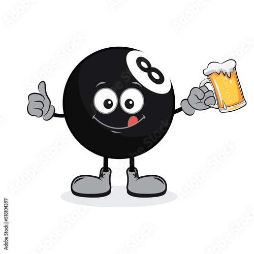 Illustration of cartoon character 8 ball billiard with thumbs up and holding a glass of beer