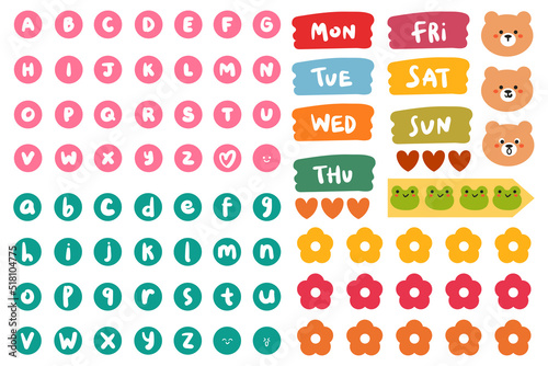 collection of weekly and daily planner sticker, notes, to do list, with lettering and cute icon. template for agenda, check list, stationery, font, alphabet