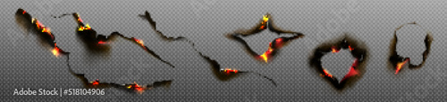 Burn paper holes and borders, burnt page with smoldering fire on charred uneven edges, parchment sheets in flame. Burned frames isolated on transparent background. Realistic 3d vector illustration set