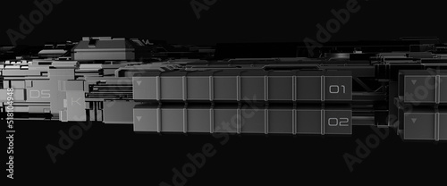 Cargo freight, Cargo carrier Spaceship. Starship, space station space exploration. Futuristic galactic sci-fi space travel concept image. chrome or silver space craft in black galaxy. 3D rendering photo