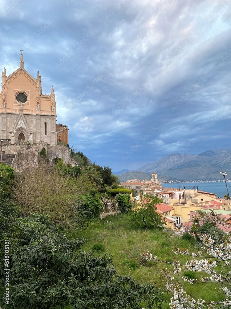 View of the town. The church on the hill. Gaeta, Lazio, Italy. 