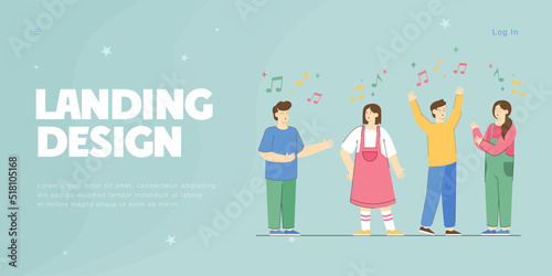 Cartoon boys and girls singing in church choir or karaoke. Group of kids performing songs, activities for children flat vector illustration. Performance, friendship, music concept for website design