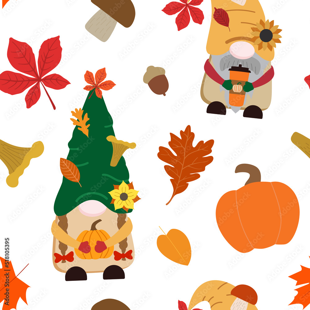 Obraz premium Cartoon autumn gnomes with pumpkins, dry leaves, and mushrooms. Vector seamless pattern on white background. Design for holiday wallpapers, and wrapping paper.
