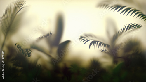 Blurred tropic leaves behind Frosted glass. Glassmorphism. Tropical leaf background. 3d illustration.