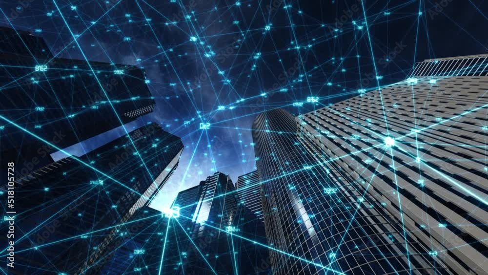 business center among high-rise buildings, smooth camera movement along buildings with digital illumination in space