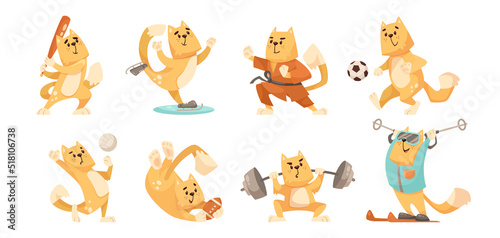 Orange comic cat doing different sports vector illustrations set. Cute cat cartoon character ice skating, doing karate, exercising, playing volleyball on white background. Sports, animals concept
