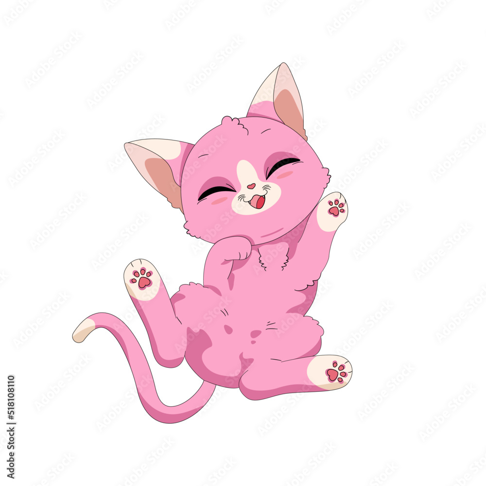 Ręcznie rysowany uroczy mały kotek w różowym kolorze. Wektorowa ilustracja zadowolonego, rozbawionego kota. Słodki, zabawny zwierzak. Obrazki dla dzieci. - obrazy, fototapety, plakaty 
