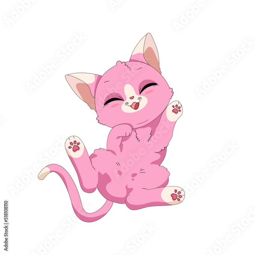 Ręcznie rysowany uroczy mały kotek w różowym kolorze. Wektorowa ilustracja zadowolonego, rozbawionego kota. Słodki, zabawny zwierzak. Obrazki dla dzieci.