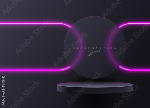 Black Podium with neon light elements. Premium product presentation space. Podium stage with neon light. Minimal scene with podium, Vector illustration.
