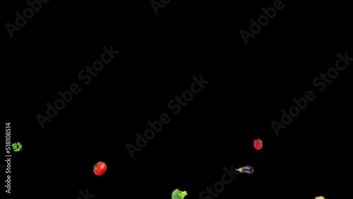 4K 60 fps animation of e-commerce products falling from top to bottom. Cucumbers, broccoli, parsley, potatoes, onions, eggplants, peppers, paprika, tomatoes, carrots, culinary, cooking, kitchen