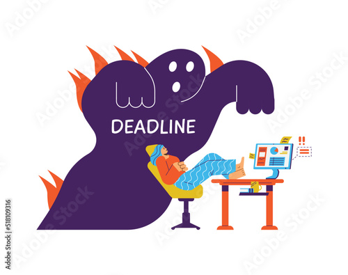 Woman procrastinating while working at home office, flat vector illustration isolated on white background.