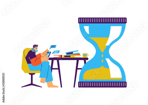 Abstract hourglasses and procrastinating man on the phone, flat vector illustration isolated on white background.