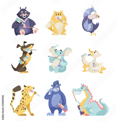 Comic wild animals brushing teeth vector illustrations set. Poster with pets, cat, dog, birds cartoon characters cleaning teeth isolated on white background. Hygiene for children, animals concept