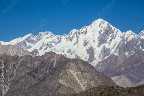 Close-up view of snow-covered Rakapushi peak. Hunza valley, Pakistan