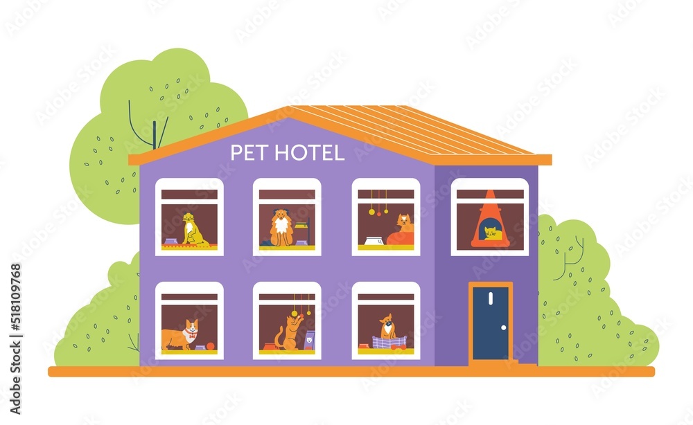Pet hotel with cute animals in every window, flat vector illustration isolated.