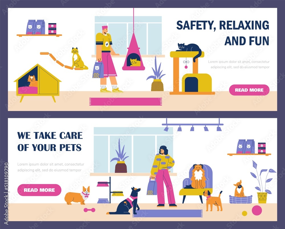 Hotel for pets advertising flyers and leaflets set, flat vector illustration.